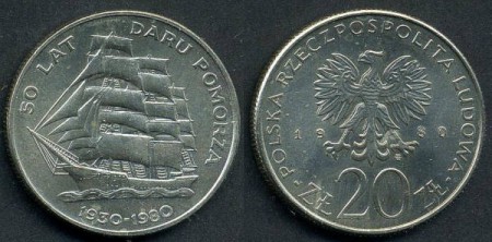 Mince v hodnotě 20,- zł (zlotý) k výročí padesáti let služby. Více než dva miliony kusů této mince byly v oběhu od 1980 do 1995. Foto: Narodowy Bank Polski.
